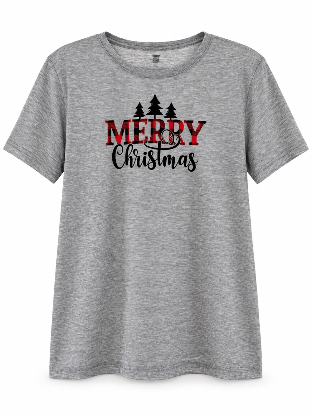 NEW Light Gray Merry Christmas Red & Black Buffalo Check Tree Holiday T-Shirt